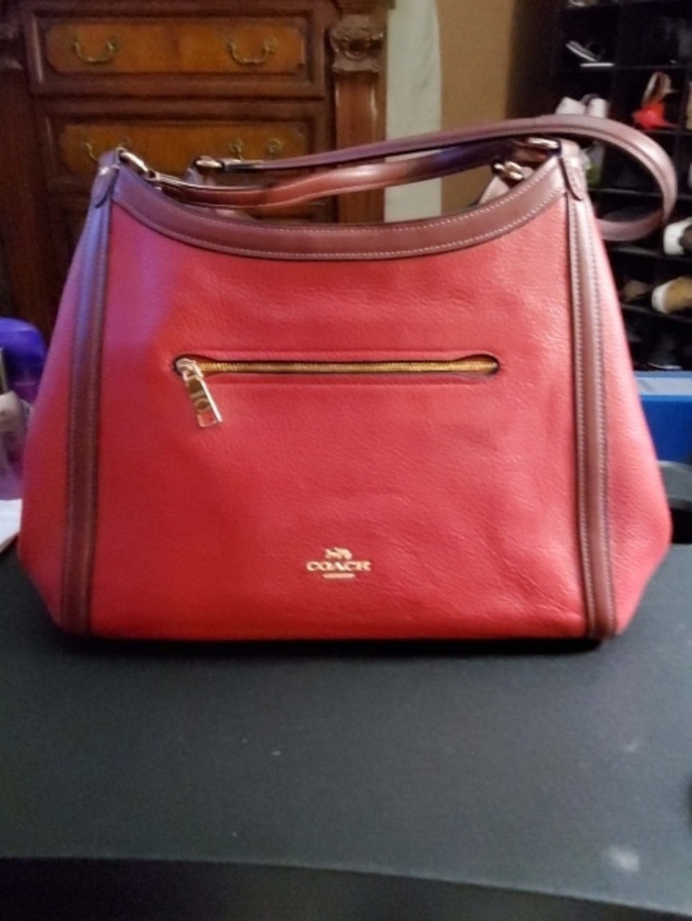 Coach Red Leather Shoulder Bag with Brown Trim and Gold Hardware